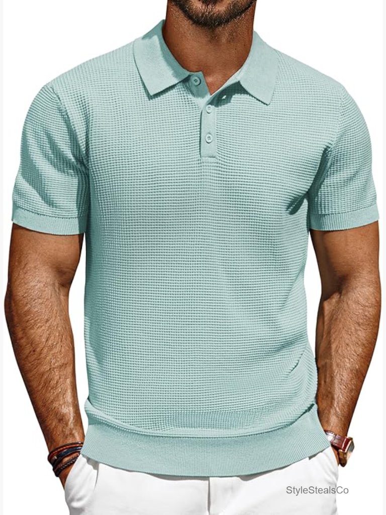 Men's Waffle Knit Polo Shirt, Short Sleeve, Regular Fit, Lightweight
